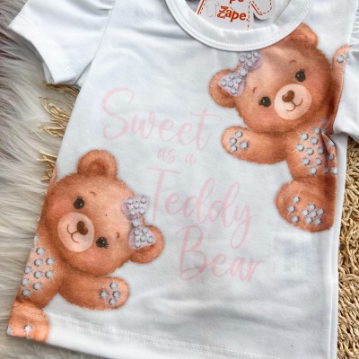 Conj. Blusa Sweet as a Teddy Bear e Short - Rosa e Branco